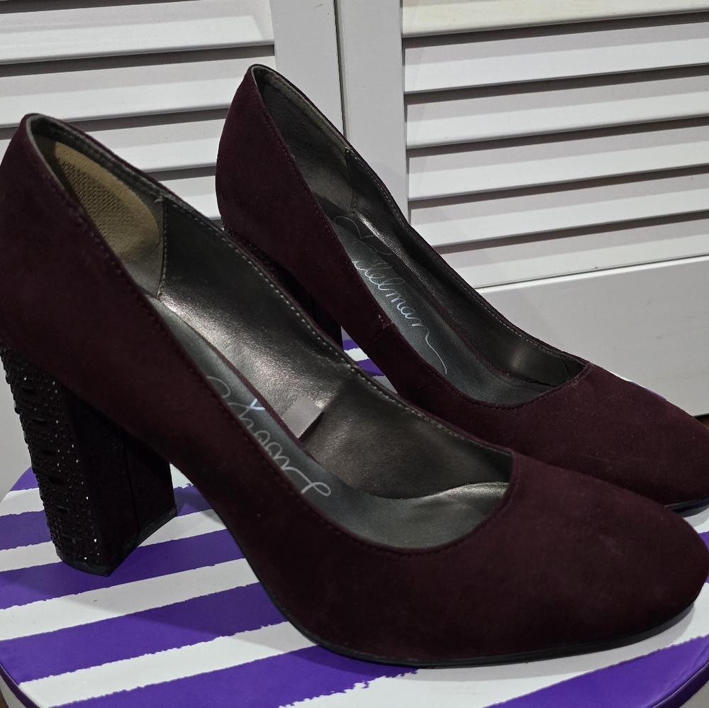 Vintage Libby Edelman Deep Burgundy Suede Bejeweled Block Heels, 9